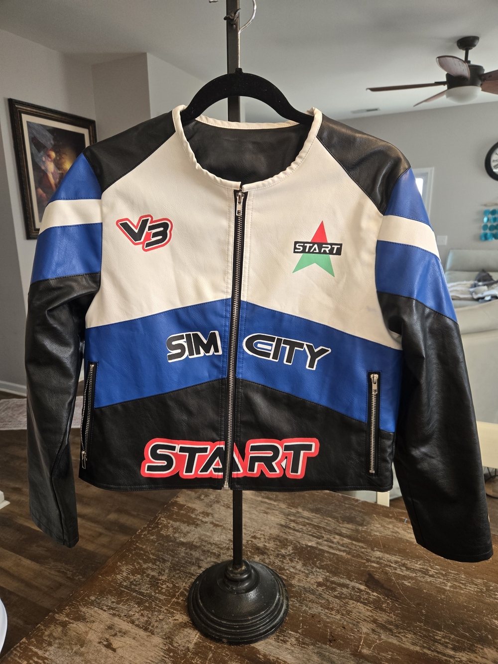 Black, White & Blue Racing Graphic Leather Jacket